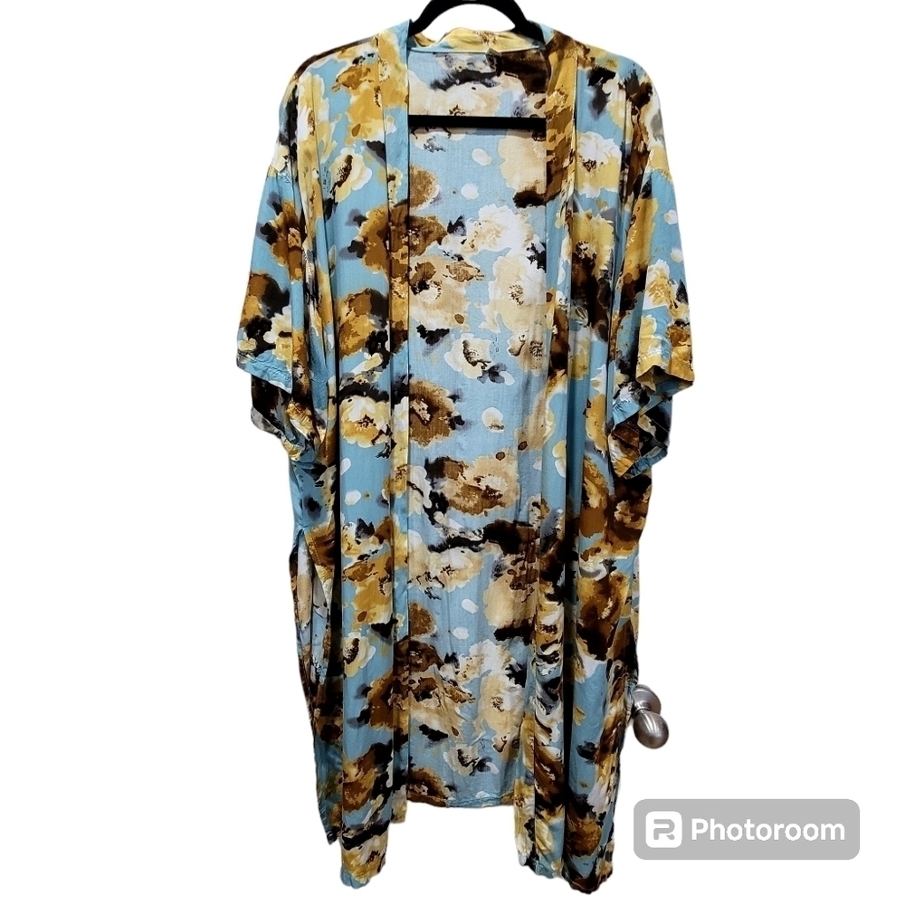ONE SIZE 100% Viscose Brown Blue Floral Kimono Coverup Beachy Boho Summe…